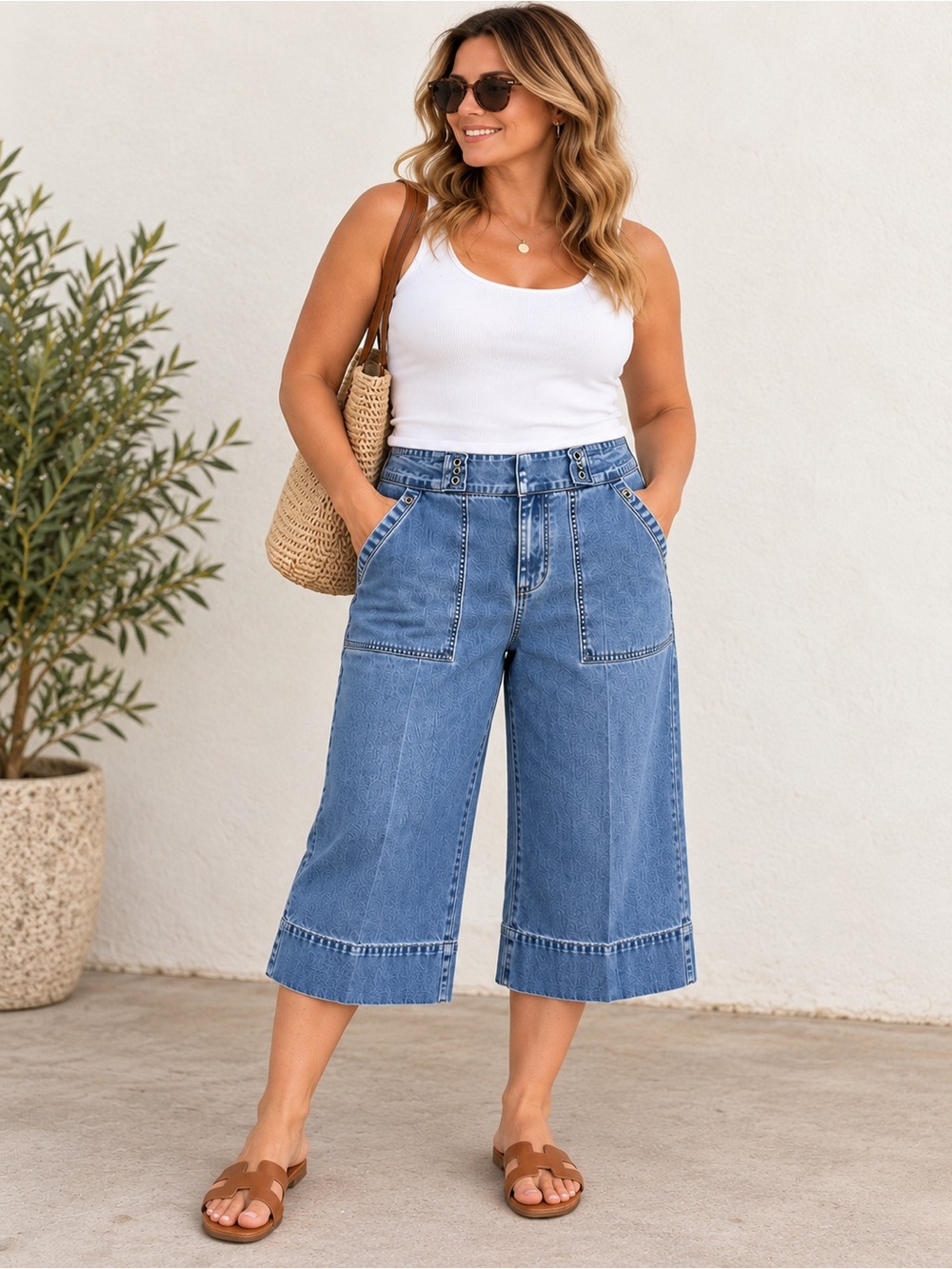 Lauren Ralph Lauren Petite 12P Blue Denim Wide Leg Crop Pants RL-67